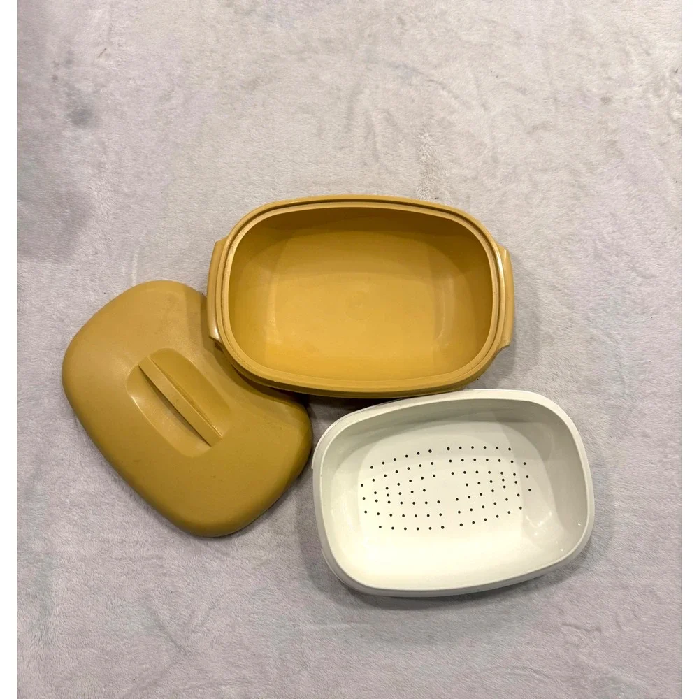 Tupperware Vintage Vegetable Steamer Server Harvest Gold 3 Piece Set 1273 1274